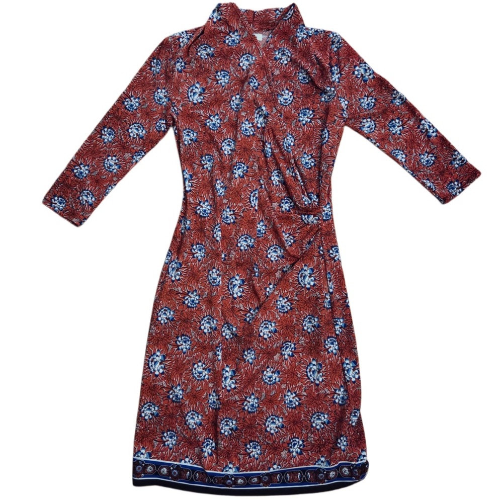 Max Studio Rust Floral Faux Wrap-Style Midi Dress with Blue Accents and Stretch.